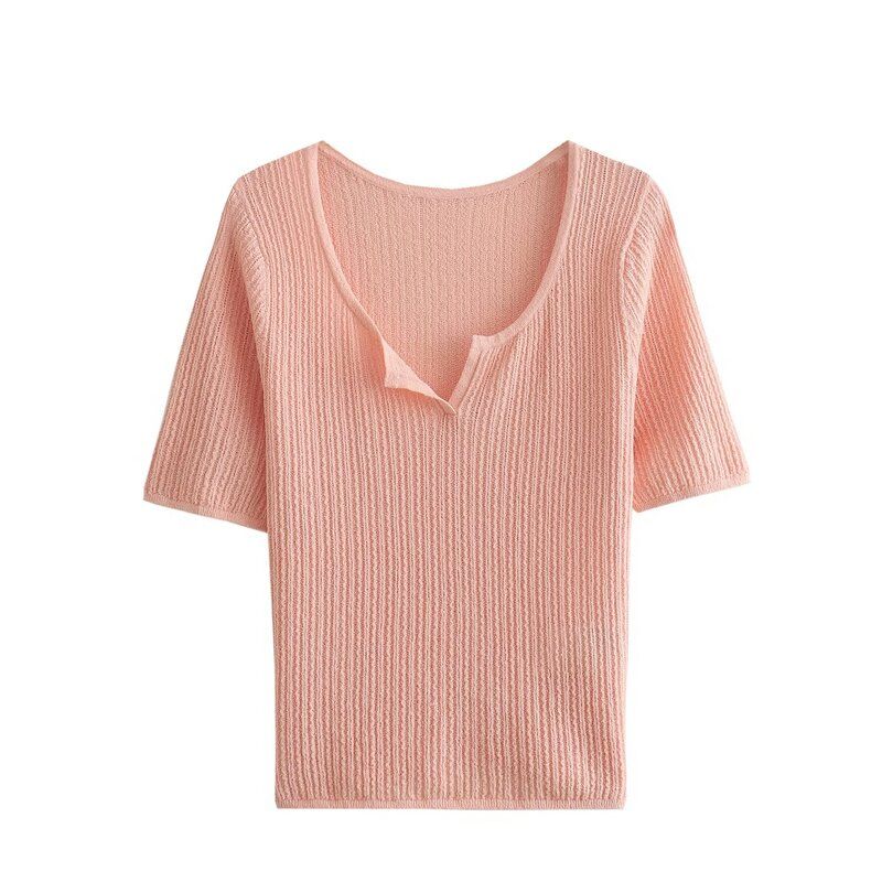 Fashion Style 2024 Spring New Arrival Women's Clothing Slim-Fitting, Fashion and All-Matching Pure Color Open Collar Short Sleeve Knitwear 466362