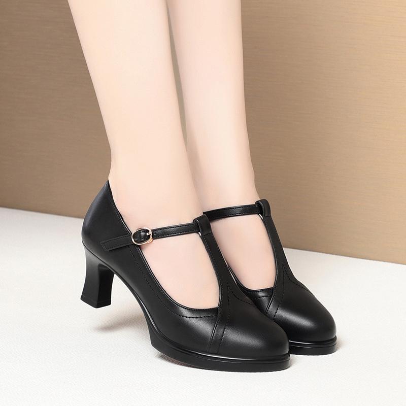 One-Line Button Single Shoes Women Summer New Thick Heel Model Catwalk Shoes Commuting Waterproof Platform Leather Shoes Black