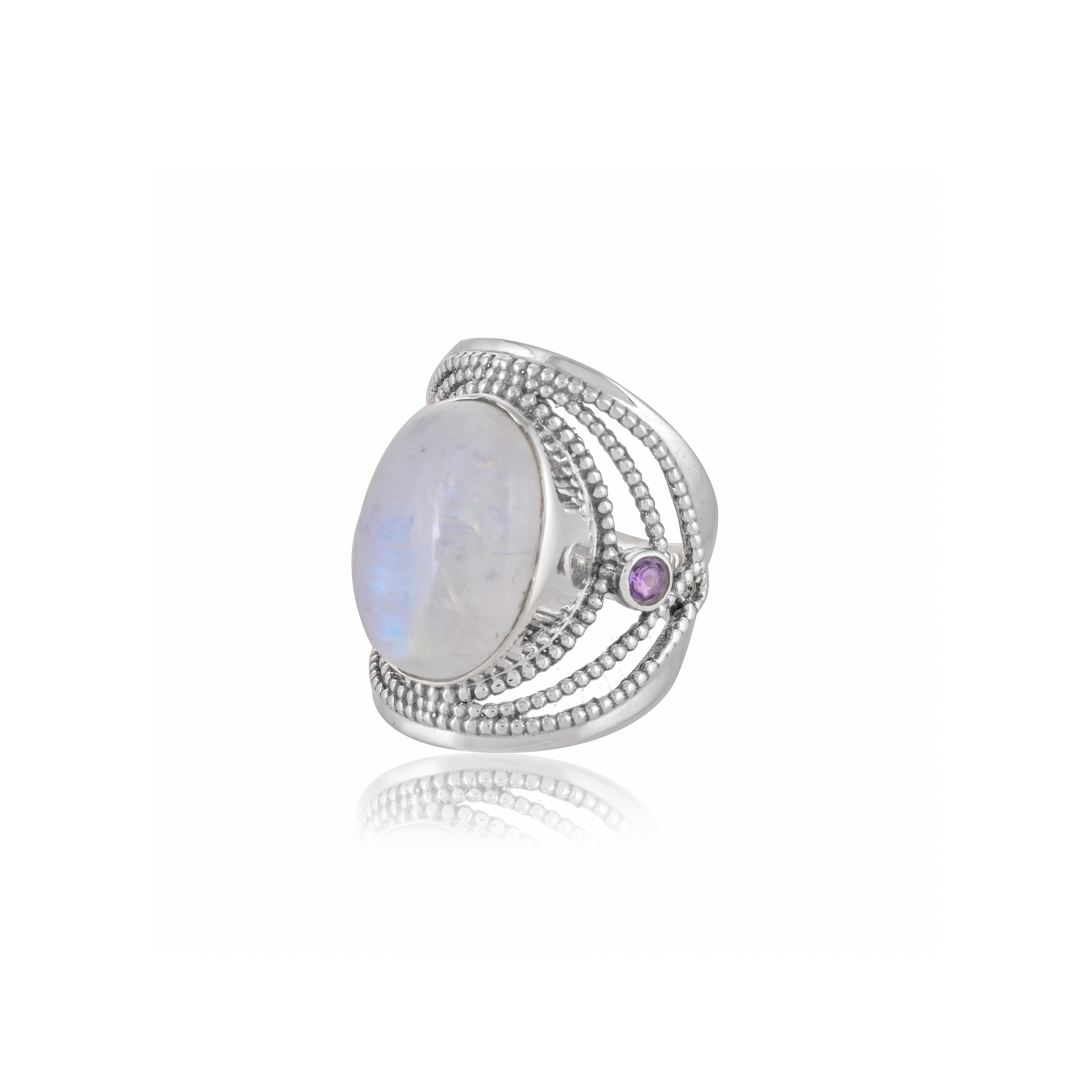 

925 Sterling Silver Bold Gemstone Ring – Natural Moonstone or Spiny Oyster Ring for Women US 12.5 білий