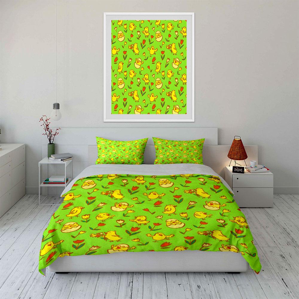 Cute Chicks And Flowers Background Bedding Set For Kids Luxury Gift 3Pcs Digital Print Comforter Set Soft Comfortable Breathable