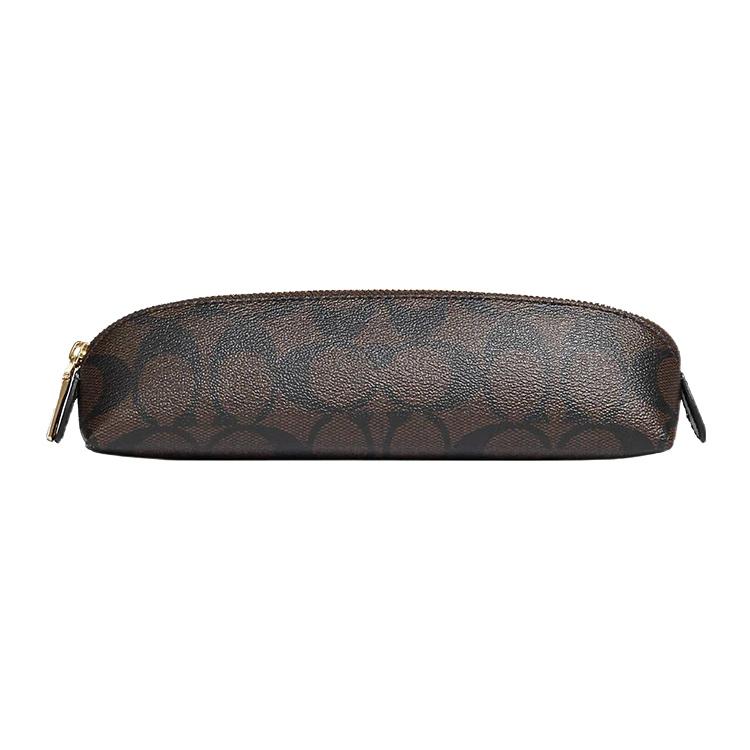 New COACH Pencil Case Iconic Coated Canvas With Smooth Leather Makeup Brush Bag Makeup Bag Small Women's Dark Brown C6333-IMAA8