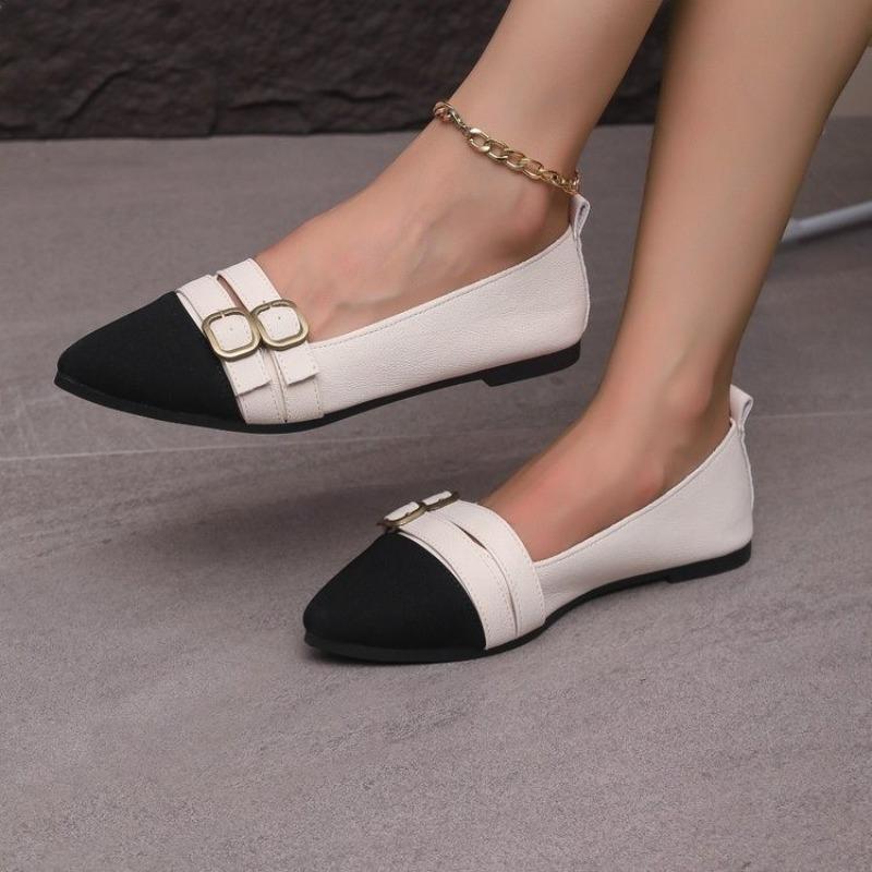 Fashion Color Matching Large Size Single Shoes Summer New Pointed Head Cloth Shallow Mouth Metal Buckle Soft Sole Non-slip Flat Shoes