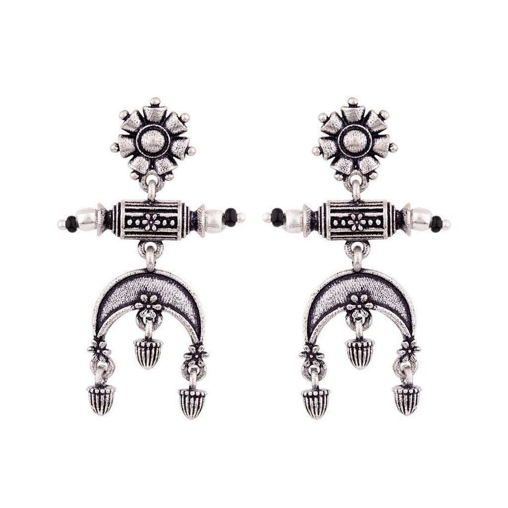 Oxidised Silver Plating Brass Floral Motifs Dangler Earrings for Women and Girls, Boho/Tribal Style