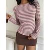 Damen Farbe Passend Gestreift Schlank Geschnitten Langarm Freizeit Basic T-Shirt