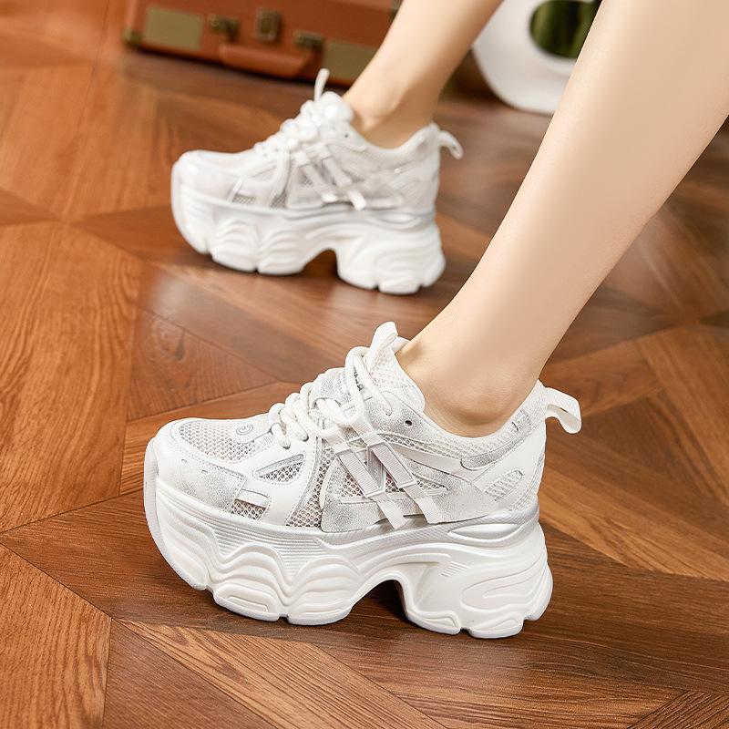 Women's Dad Shoes Summer New Hollow out Breathable Mesh Sneakers 9.5CM Thick Heels Casual Sports Shoes Versatile Chunky Sneakers