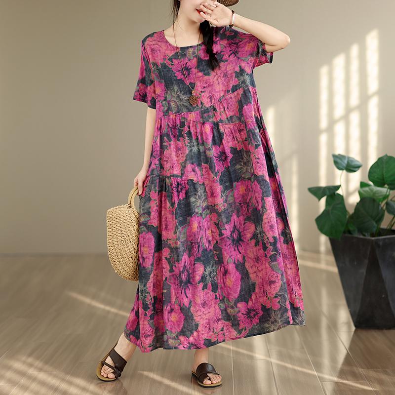 DIMANAF New 2026 Sundress Women Plus Size Summer Casual Print Long Dress Oversize Cotton Loose Maxi Floral Beach Holiday
