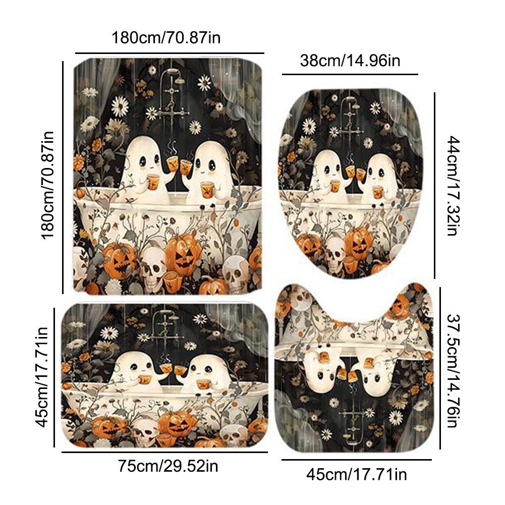 Cute Cartoon Ghost Shower Curtain Set Halloween Shower Curtain Washable Halloween Bathroom Curtain Polyester Fabric with Hooks