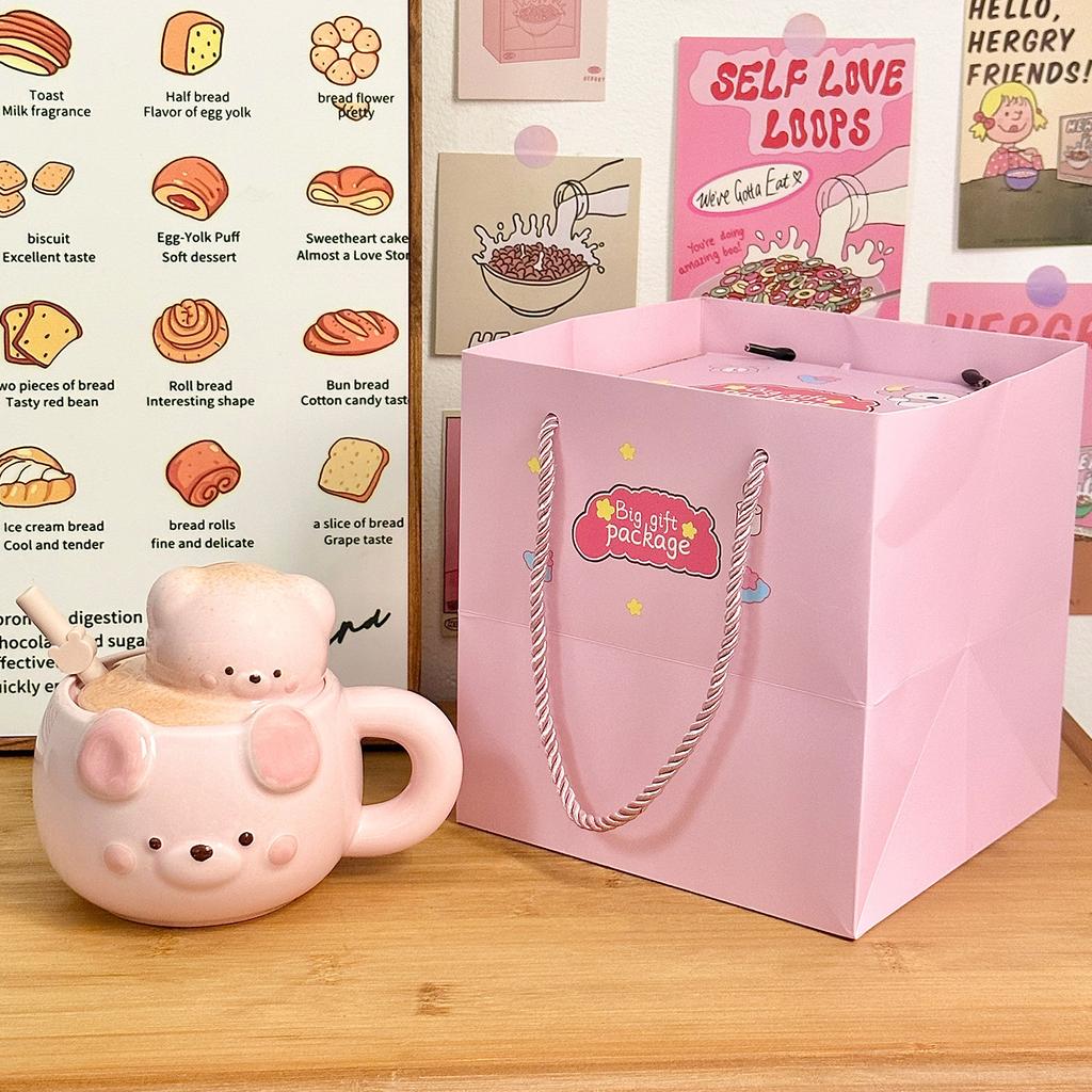 Cute Bear Ceramic Mug, Birthday Gift Cup, Gift Box for Girlfriends, Water Cup, Household Couple Cup with Lid