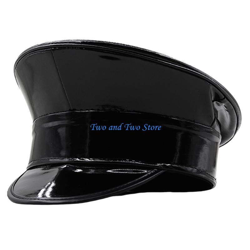 HX6F PU Leather Marine Hat Cosplay Party Caps Stage Dance Hat for Women Nightclub чёрный