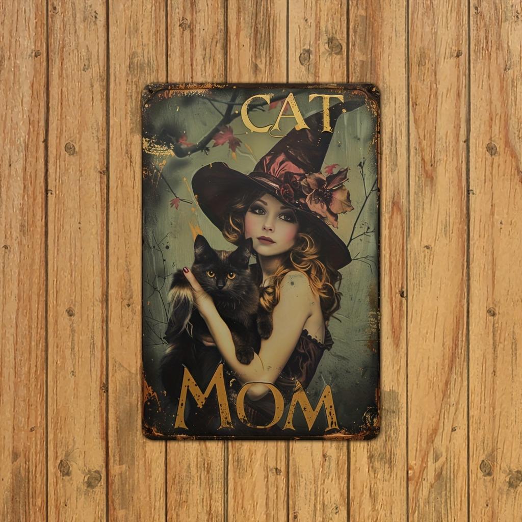 Vintage Style Metal Tin Sign Witch Cat Mom Retro Wall Decor Iron Plaque Home Decoration Mothers Day Perfect Gift