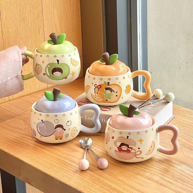 Birthday Gift for Girls Cute Fruit Girl Ceramic Mug with Lid Couple Best Friend Souvenir Gift Box