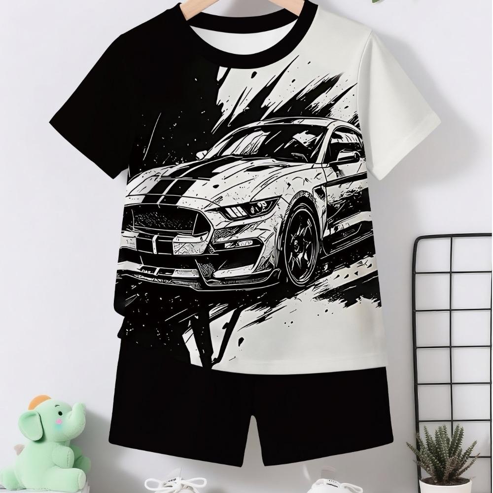 Boys Cool Black and White Sports Car 3D Printed Design | Short Sleeve and Sports Shorts Set 5-6Y