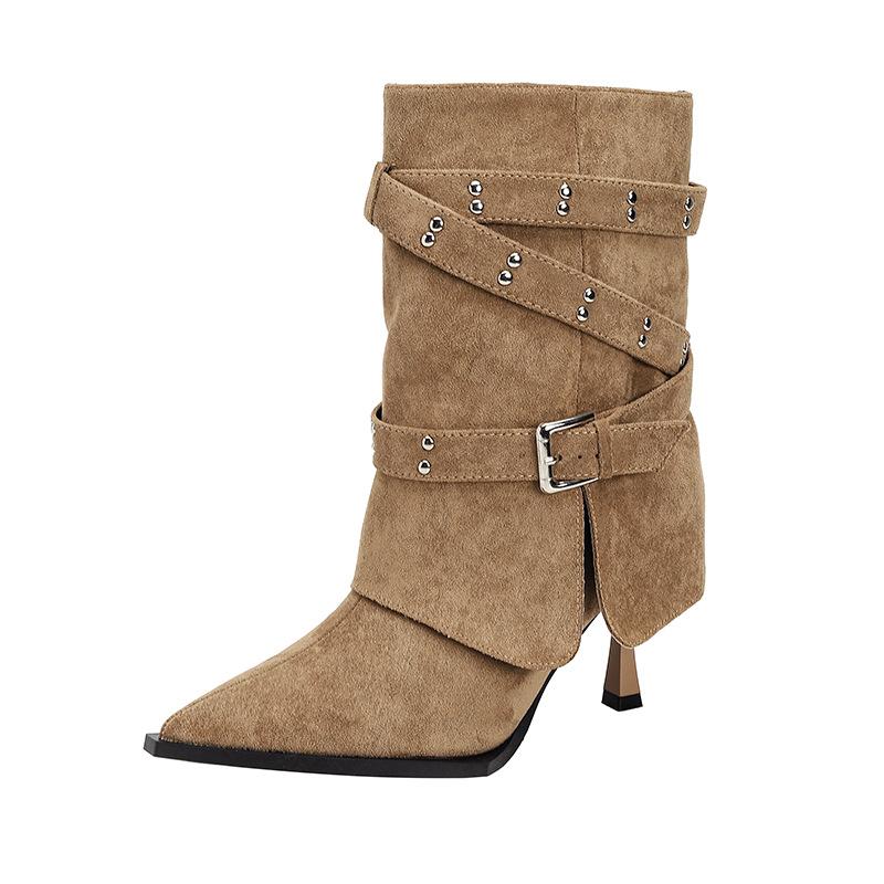 F733-6 European and American style belt buckle wide tube 2025 autumn and winter new pointed thin heel short heel thin high heel short boots women