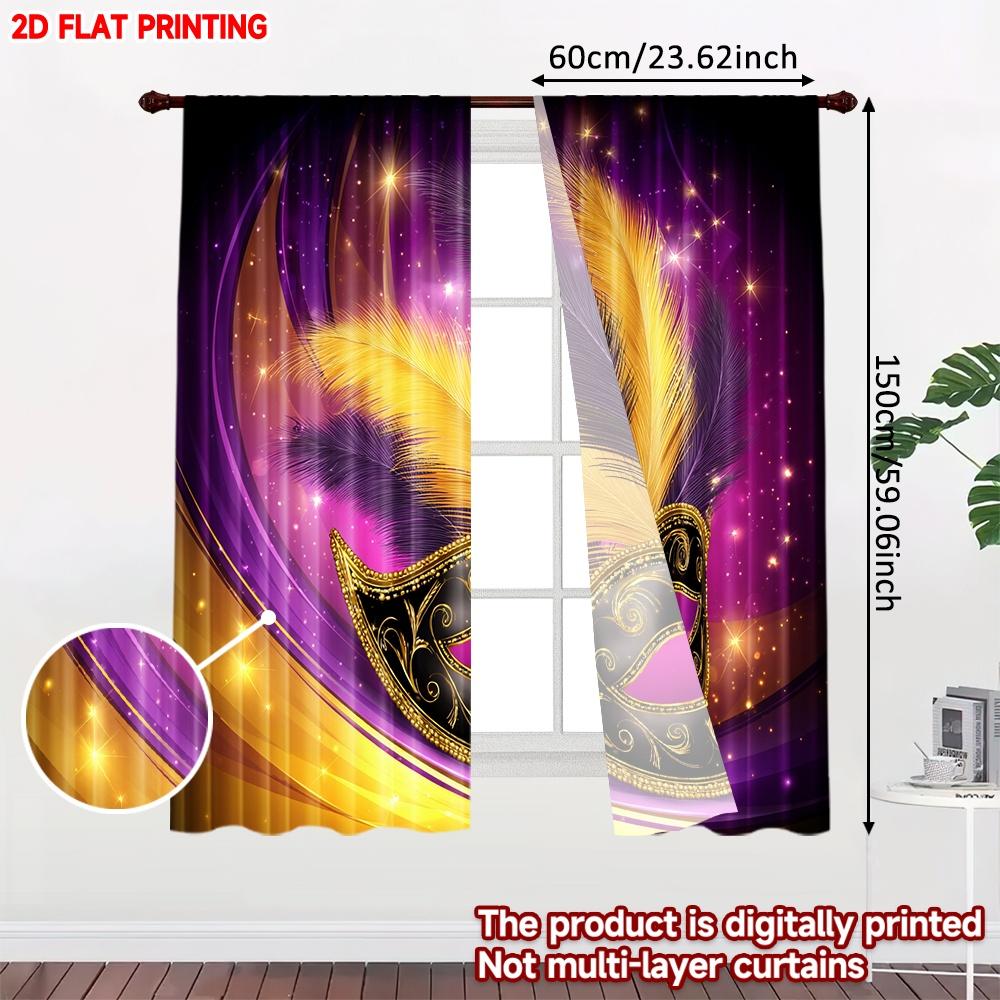 2D Flat Printing 2pcs Curtain Party Window Curtains Carnival Mask with Feathers(1) Digital Printed Polyester Drapes Birthday