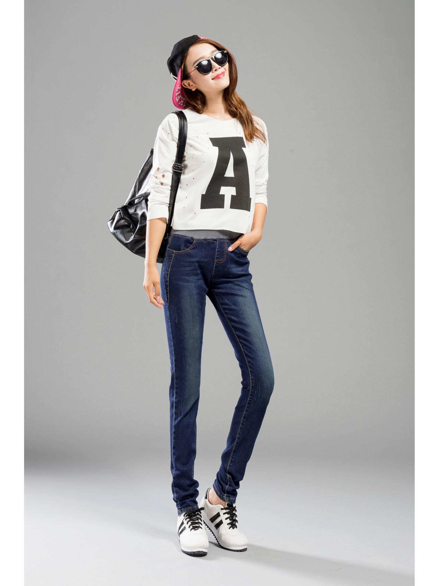 

Korean Style Mid-Waist Elastic Slim Fit Skinny Jeans for Women 26 темно-синього кольору