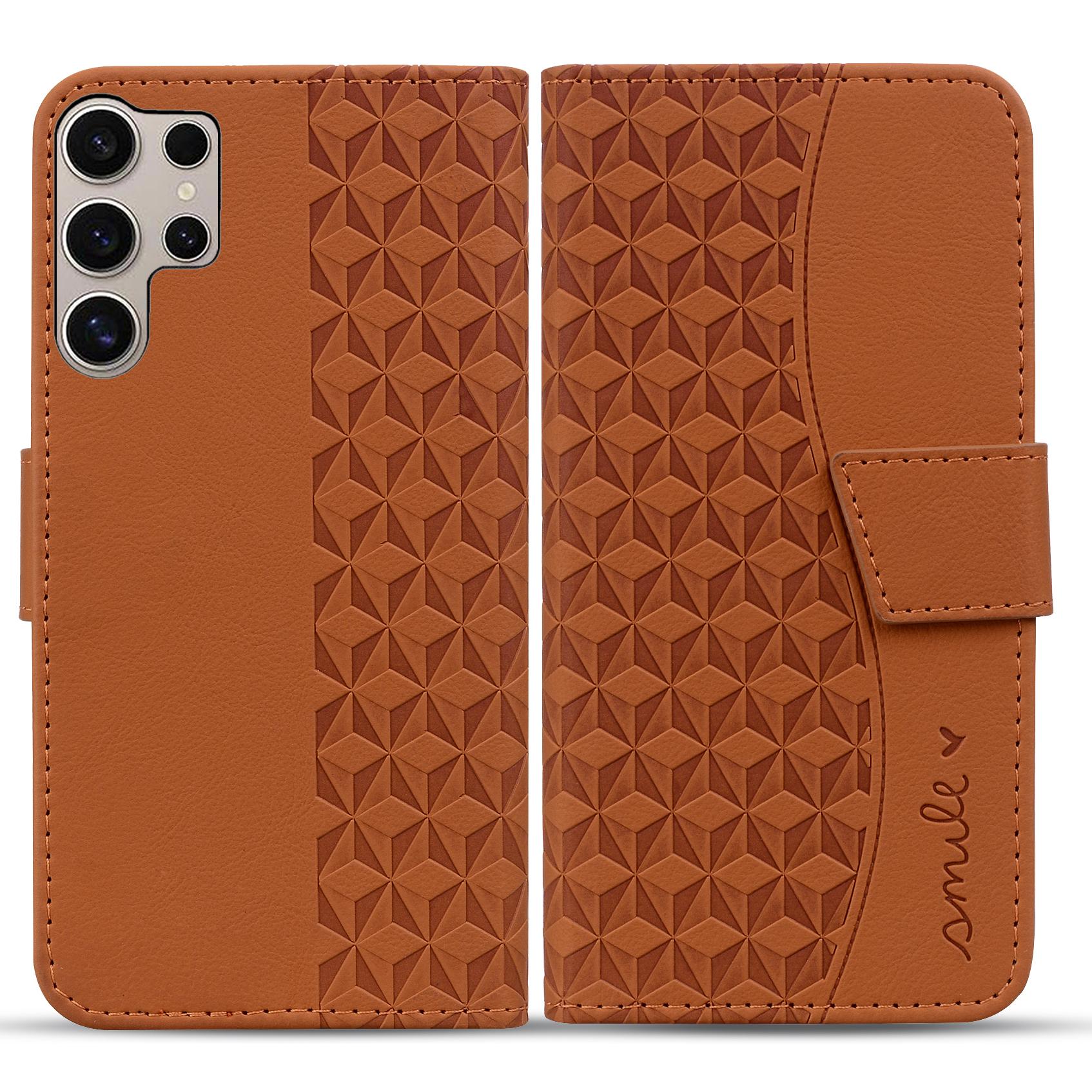 

For Samsung Galaxy S25 Ultra Case Rhombus Pattern Leather Wallet Phone Cover Brown