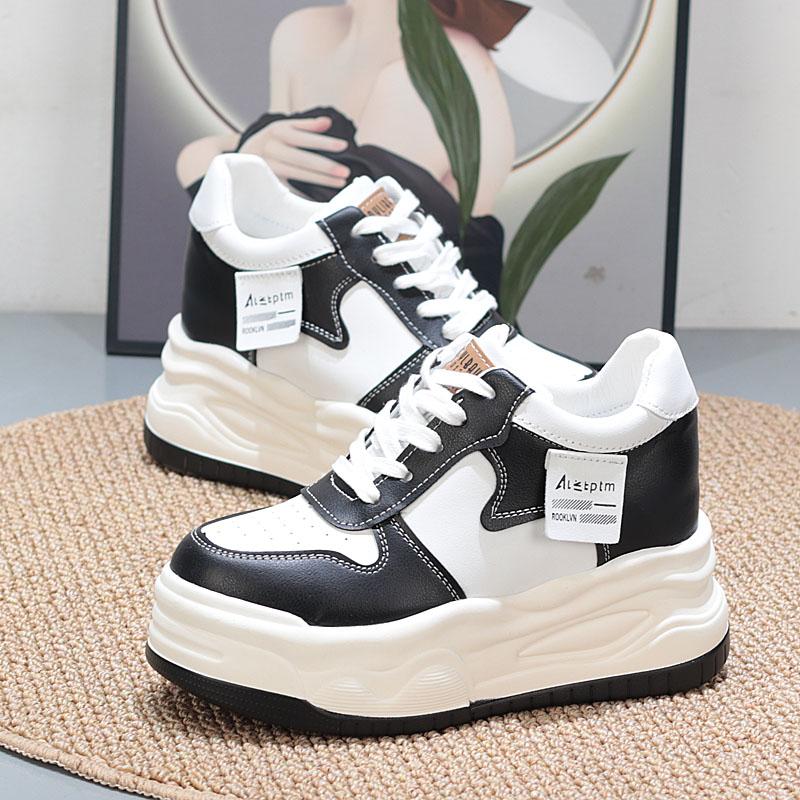 Fashion 8CM Cow Genuine Leather Comfy Casual Autumn Ladies Vulcanize Women Chunky Sneakers Breathable Platform Wedge High Brand