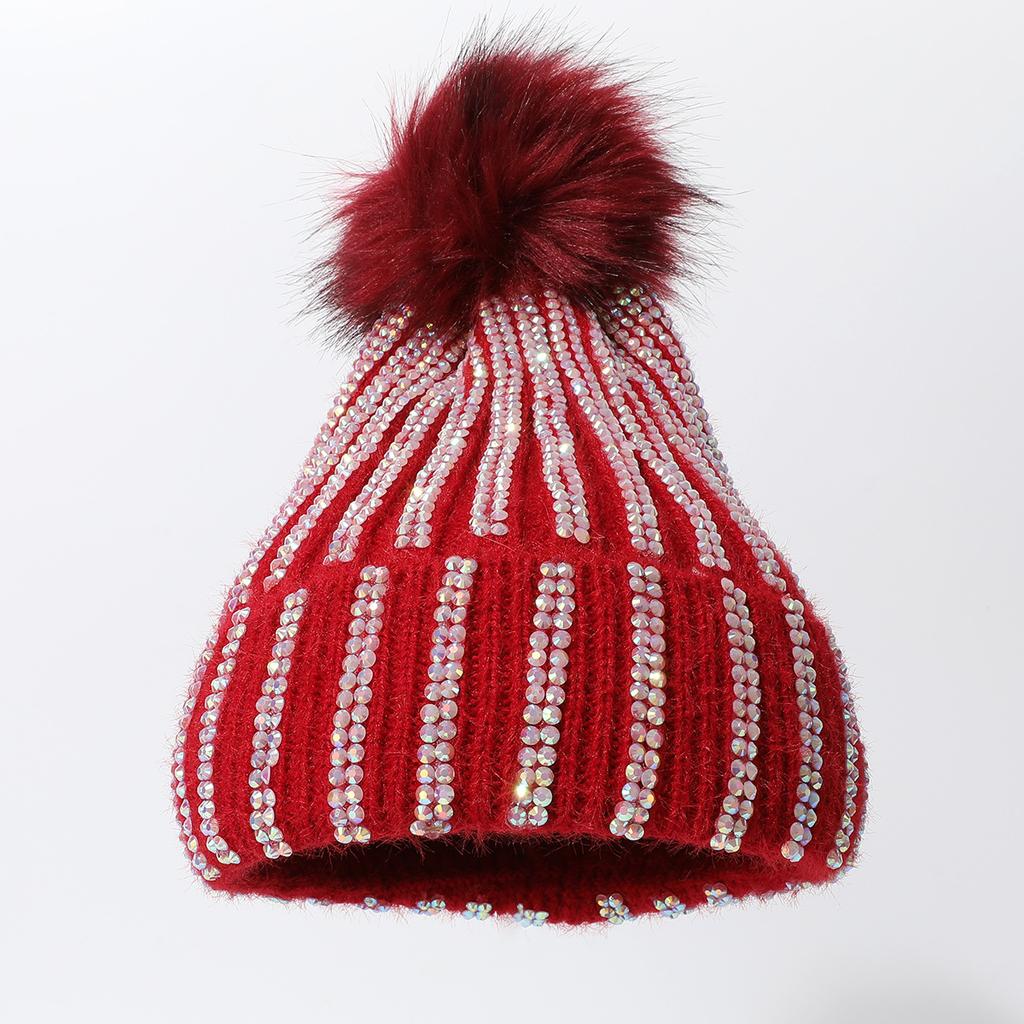 Solid Color Outdoor Cold Protection And Warm Hat, Knitted Hat, Thickened Pom-Pom Full Drill Sleeve Hat.