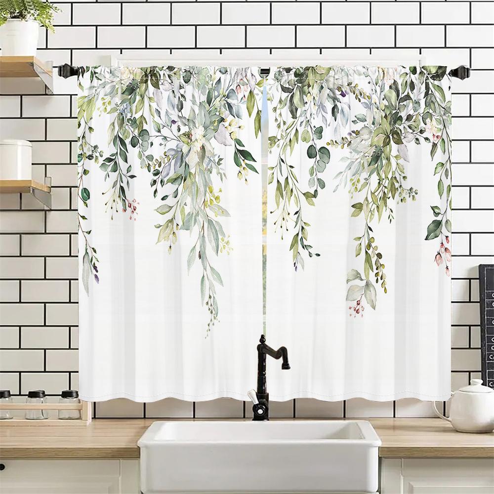 2 Stück Frische Grüne Blätter Vorhänge Aquarell Pflanzenmuster Wohnzimmer Schlafzimmer Fensterdeko Vorhänge Natürlicher Waldstil Vorhänge