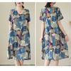 Temperament V-neck MIDI Vintage Print Loose A-line Skirt Short-sleeved Dress