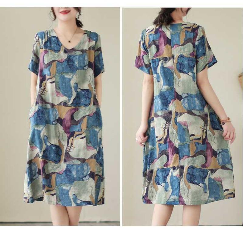 Temperament V-neck MIDI Vintage Print Loose A-line Skirt Short-sleeved Dress