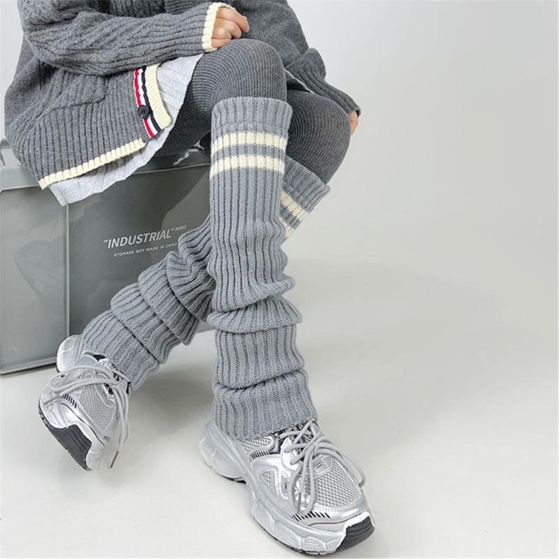 Women Thicken Ribbed Knit Leg Warmer Preppy Style Double Striped Leg Covers Snow Boot Cuffs Over Knee Stacked Long Socks