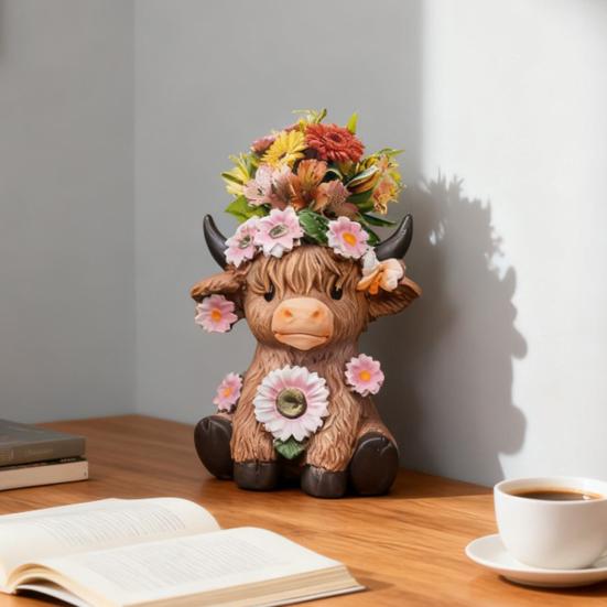 Highland Cow Vase Cute Cow And Flower Resin Vase Decorative Planter Without Drain Hole for Plants Flowers Home Outdoor Indoor Decor