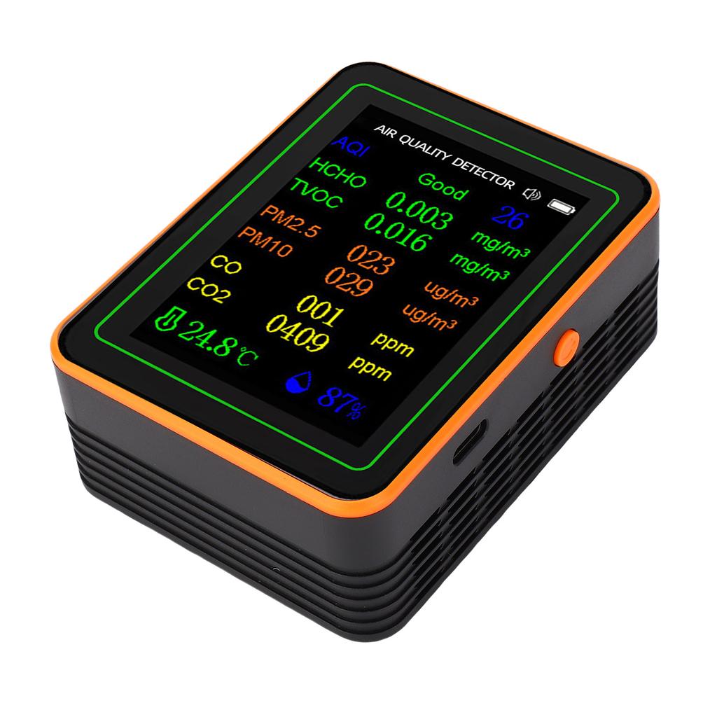 Air Quality Detector Index CO2 TVOC HCHO PM2.5 PM10 Temperature Humidity Tester TFT Color Display Curve Viewing Black