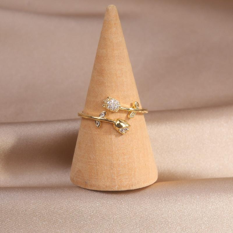 Korea  Design Fashion Jewelry 14K Real Gold Plated Leaf Zircon Cat Double Tulip Ring Elegant Women's Opening Adjustable Ring