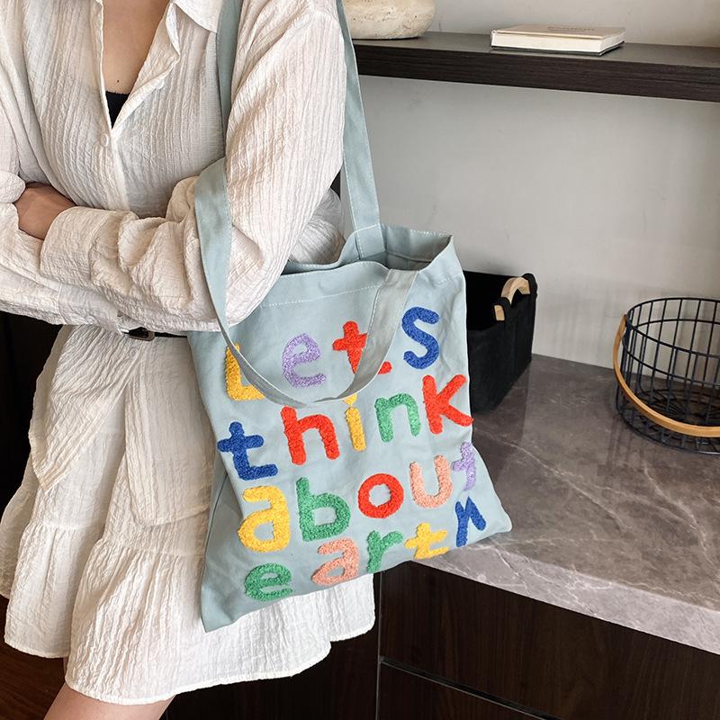 2025 New Shoulder Canvas Bag Ins Style Versatile Tote Bag Casual Commuting Simple Embroidered Letter Big Bag