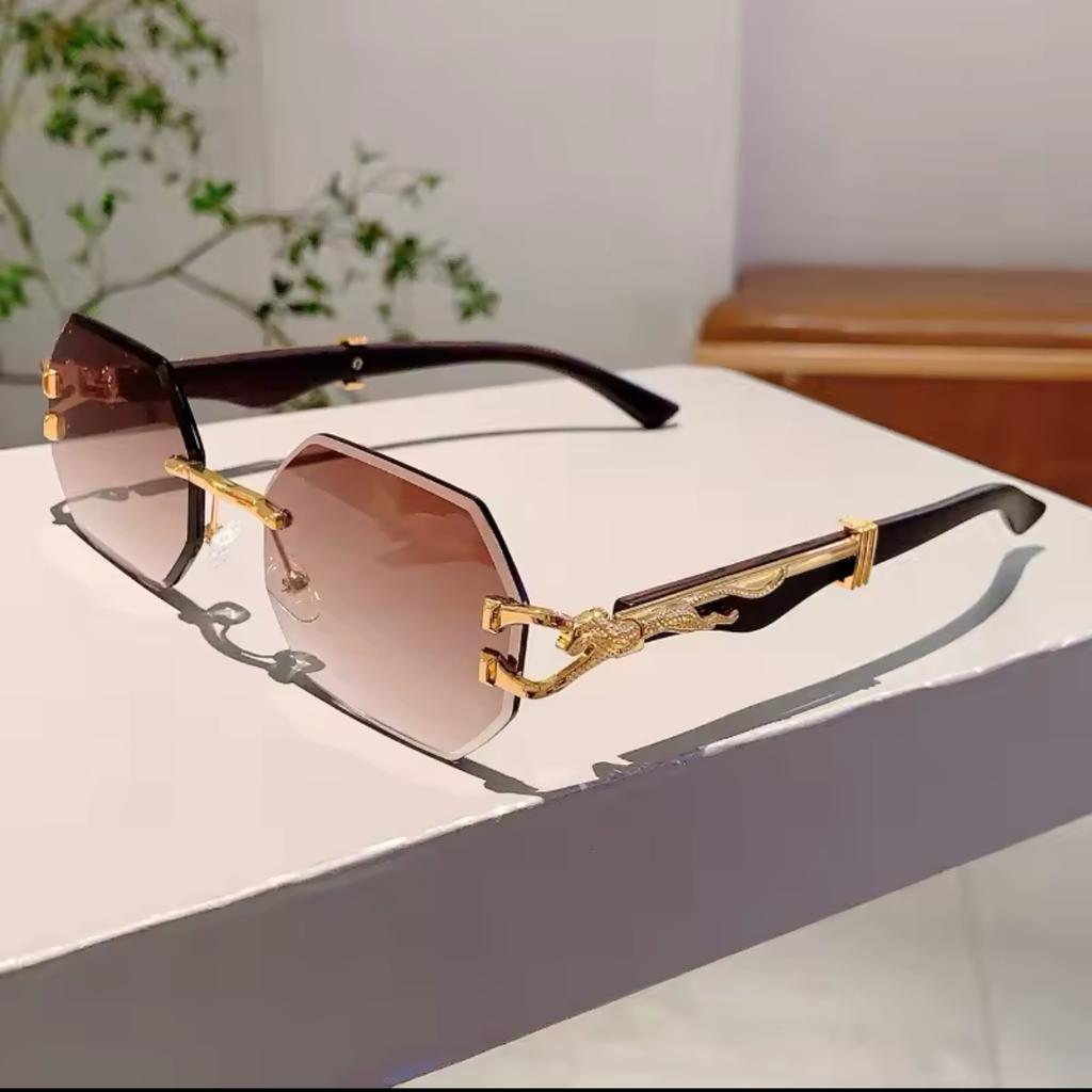 Rimless Octagon Sunglasses Women For Men Luxury Brand Design Vintage Punk Popular Metal Gold Leopard Head Sun Glasses Uv400