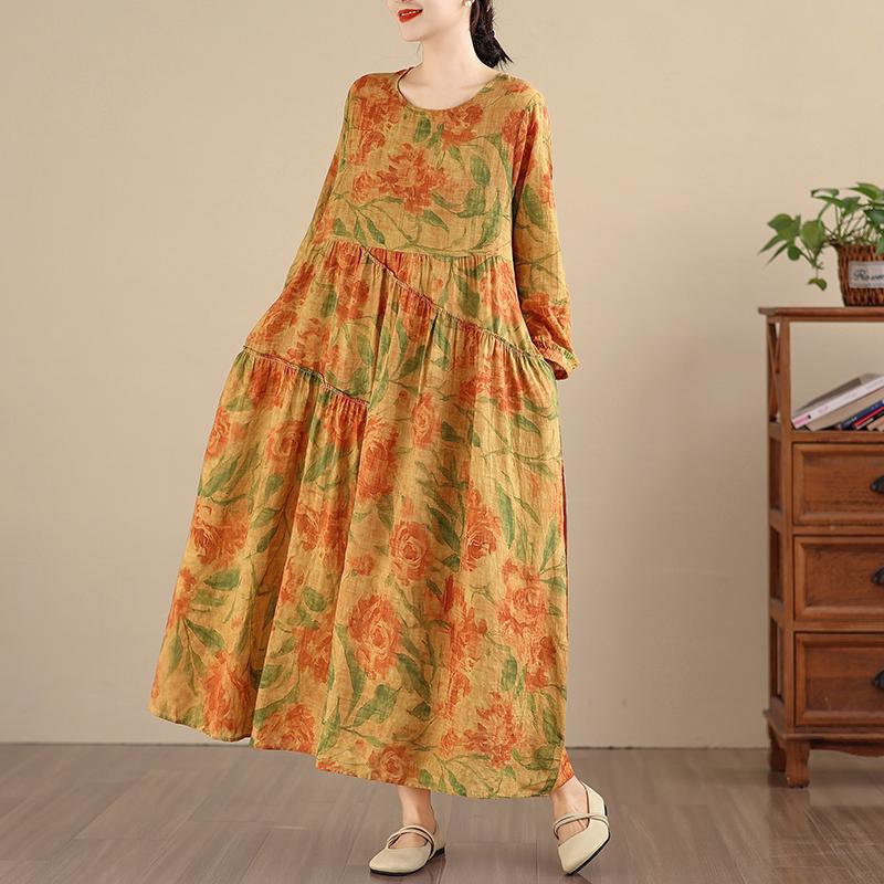 DIMANAF Yeni 2025 Kadın Büyük Beden İlkbahar Uzun Elbise Bol Temel Vintage Oversize Uzun Kollu Maksi Çiçekli