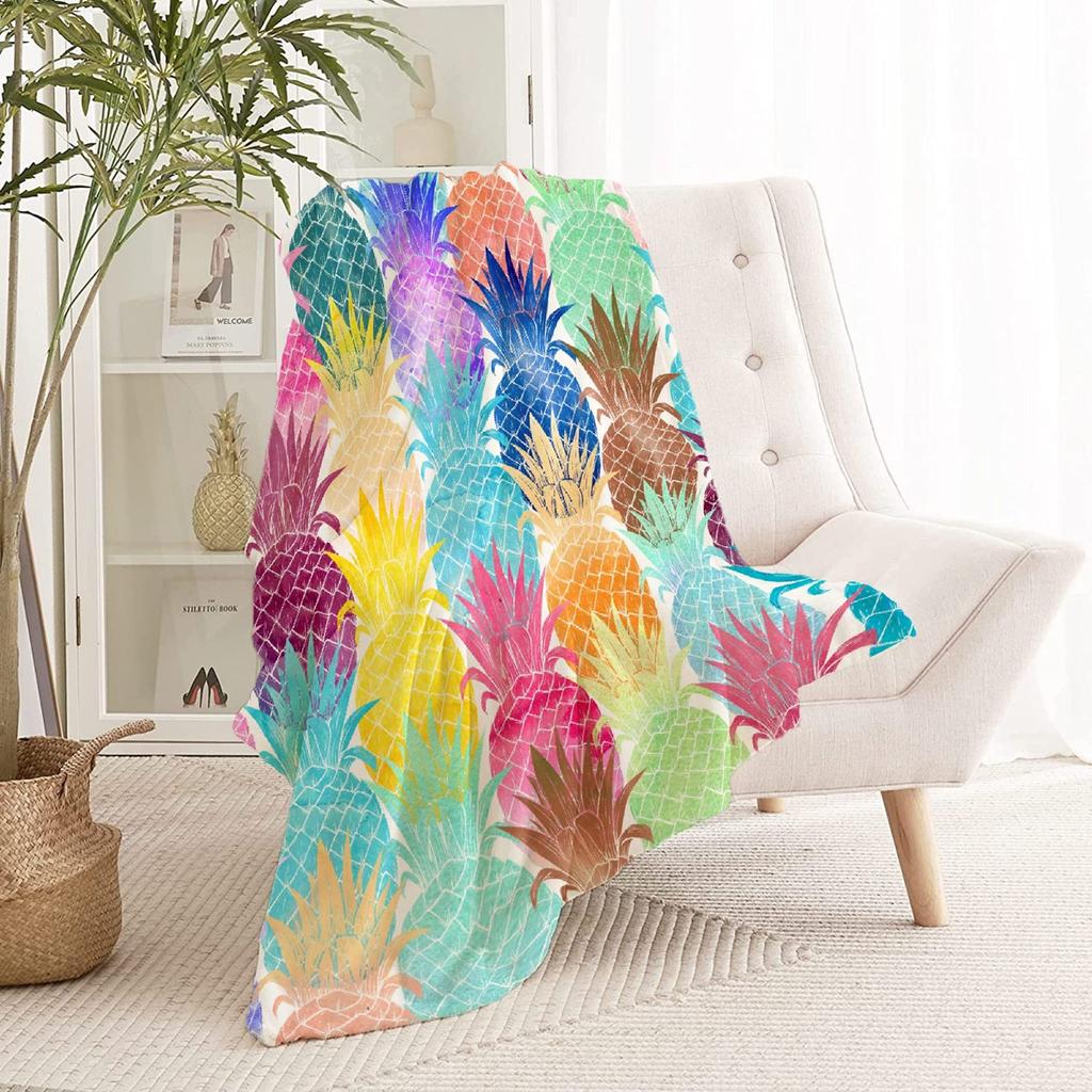 Colored Pineapple Blanket Tropical Fruit Blanket Cartoon Style Flannel Comfort Blanket