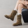 Krazing Pot Cow Suede Nubuck Winter Round Toe Western Boots Med Heels Pleated Decoration Women British School Mid-calf Boots
