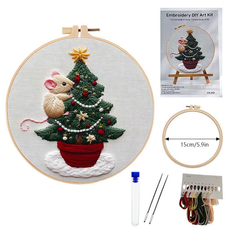 1set Christmas Embroidery Kit, Animal Theme Material Kit with English Stitch Instructions, DIY Embroidery Craft Material Kit
