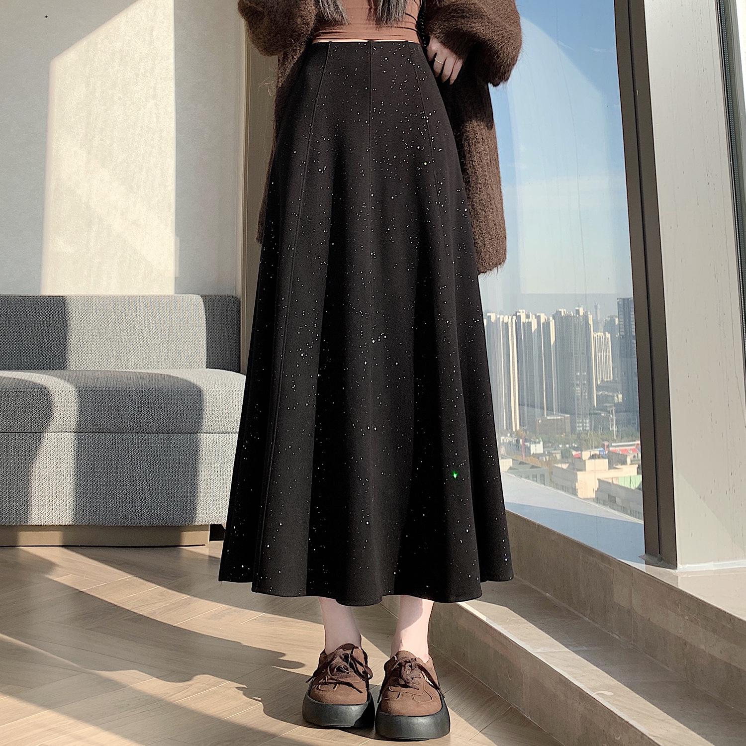 Sequined Woolen A-Line High-Waisted Long Skirt: Women s Autumn/Winter French Slim-Fit Umbrella Hem Skirt Medium чёрный
