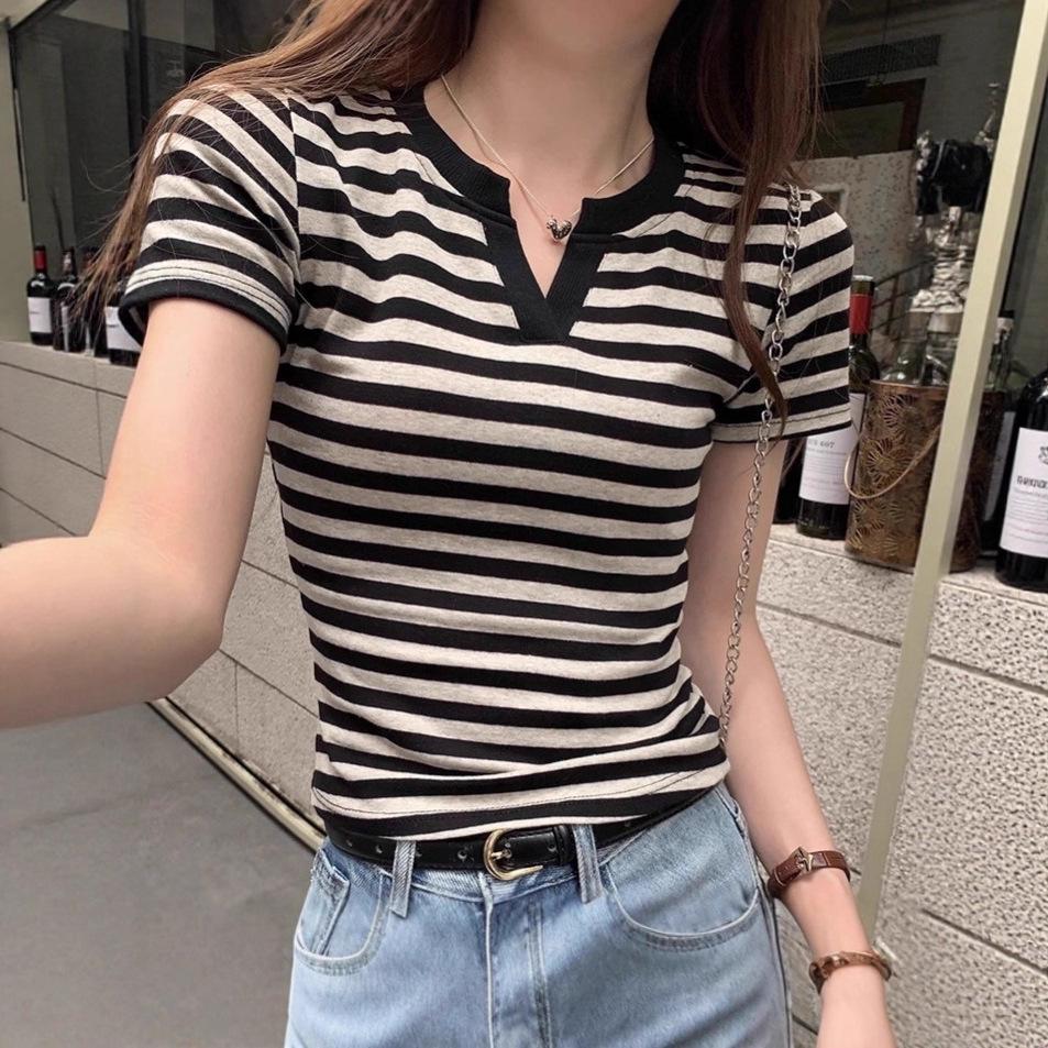 Spicy Girl Striped Color Block Short Sleeve Polo - Women's Summer Slimming Versatile Top