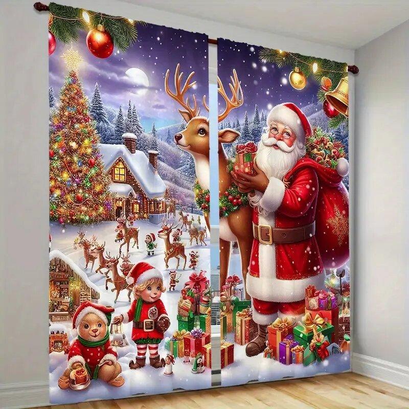 Set Of 2 Christmas Tree Reindeer Santa Claus Gift Print Curtains Pole Bag Home Decoration Room Curtain Polyester