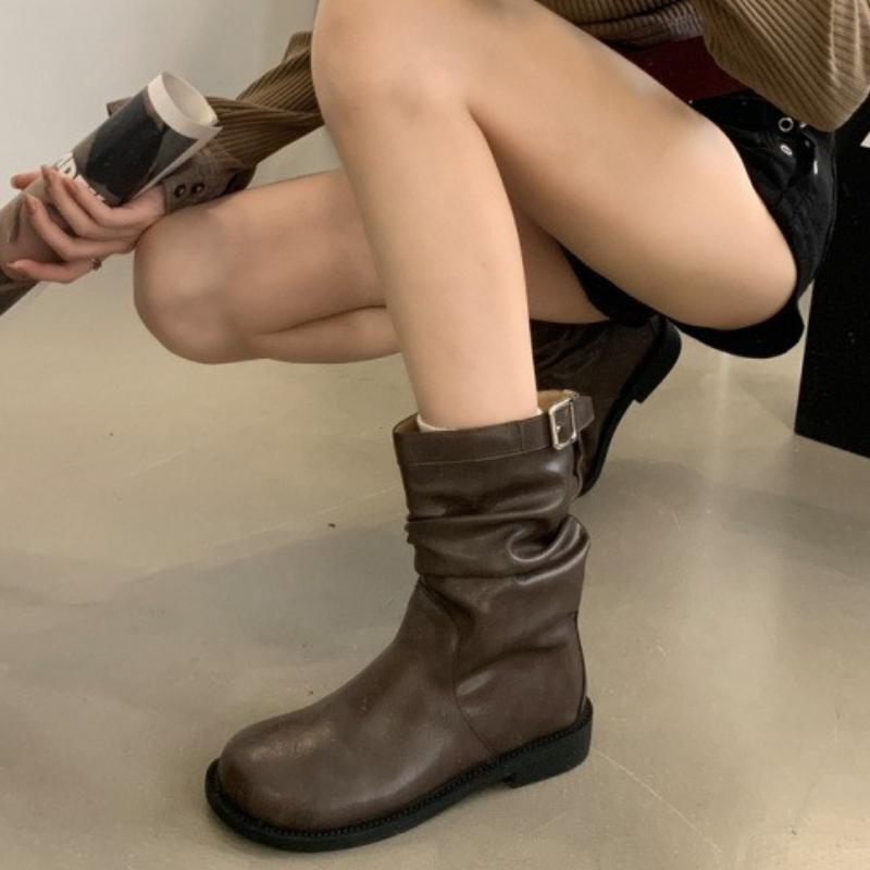 Women's Boots Round Toe Pleated Ankle Botines Fashion Belt Buckle Design Chunky Heel High Heels Comfort Non Slip Mid Calf Boots