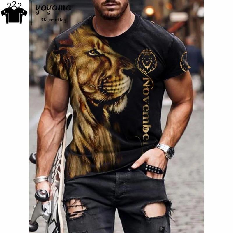 Męski T-shirt z krótkim rękawem z okrągłym dekoltem i nadrukiem cyfrowym 3D tygrysa - Modny Oddychający Wygodny Top na Lato Oversize