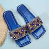 Fashion Summer Rhinestone Slippers Street Blue Leather Square Toe Flat Sandals Luxury Waterproof Outdoor Slippers Women Slippers Sandals