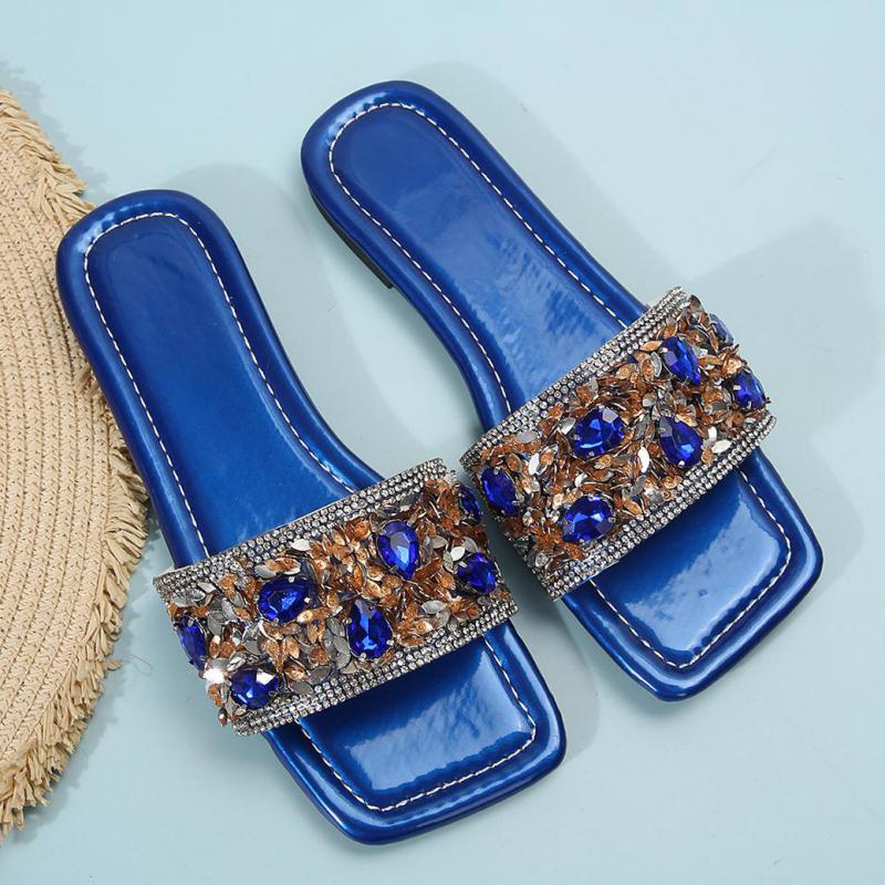 Fashion Summer Rhinestone Slippers Street Blue Leather Square Toe Flat Sandals Luxury Waterproof Outdoor Slippers Women Slippers Sandals