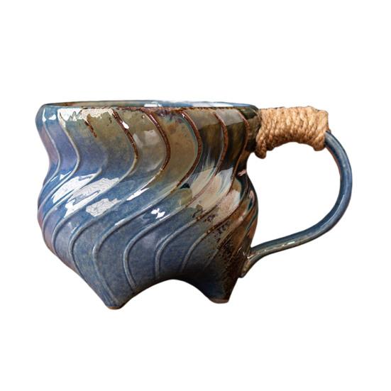 Handmade Ceramic Mug 320ml Vintage Tea Coffee Cup with Rattan Handle Creative Spiral Design Gradient Glaze Drinkware Home Decor Gifts