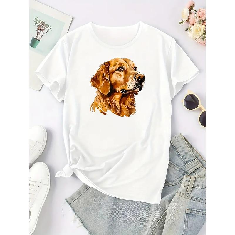 European Size Women's Casual Short Sleeve T-Shirt with Cute Golden Retriever Graphic Print - Soft Stretch Round Neck Tee