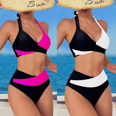 2025 Color Block High Waist Halterneck Bikini Two-Piece Swimwear for Women.