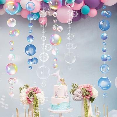 4PCS Transparent Bubble Garlands Mermaid Party Decor Flat Cutouts Hanging Streamer for Birthday Baptism Ocean Wall Baby Shower Under Sea Kid Room