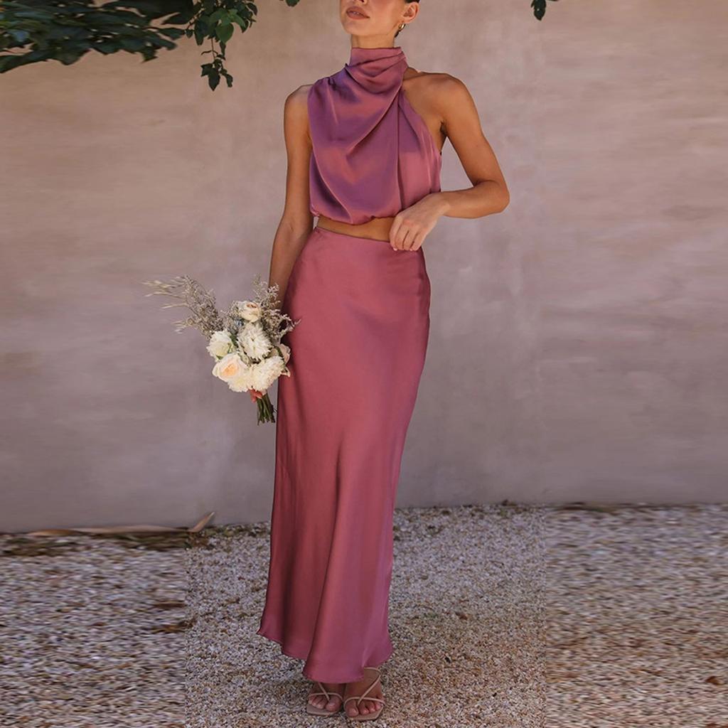 Women's Summer Formal Satin Mock Neck Sleeveless Tank Skirt Two-piece Suit