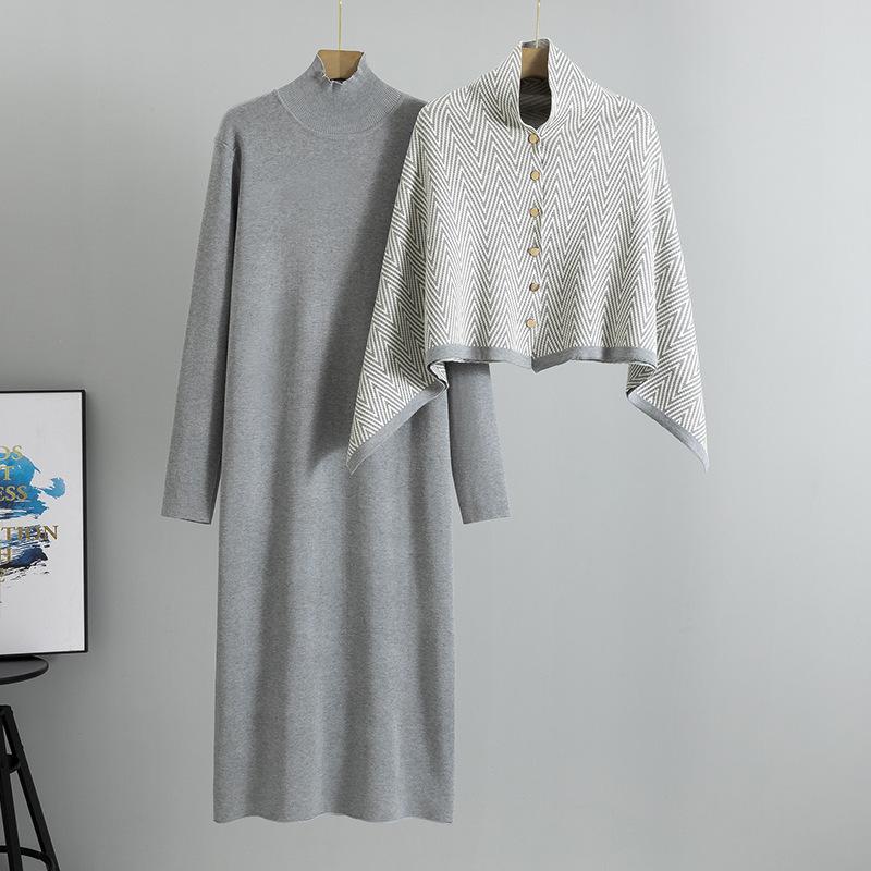Women's Plus Size Temperament Dress Autumn Knit Slimming Shawl Coat Long Dress Two Piece Suit