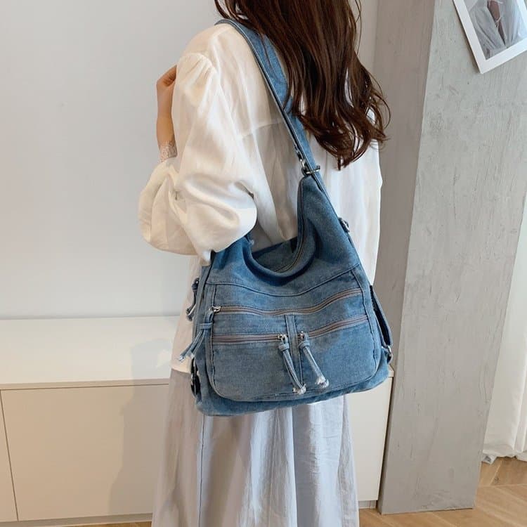 Vintage gewaschene Denim-Tragetasche Schulter-Umhängetasche Damen-Tasche