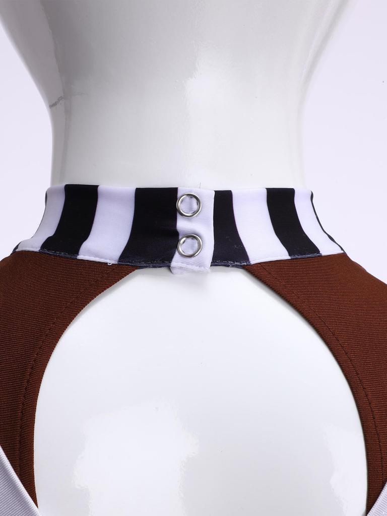 Kids Girls Chocolate Factory Worker Halloween Costume Mock Neck Short Stripe-Cuffed Sleeves Back Cut Puffy Built-In Crotch Press Buttons Dress Braces